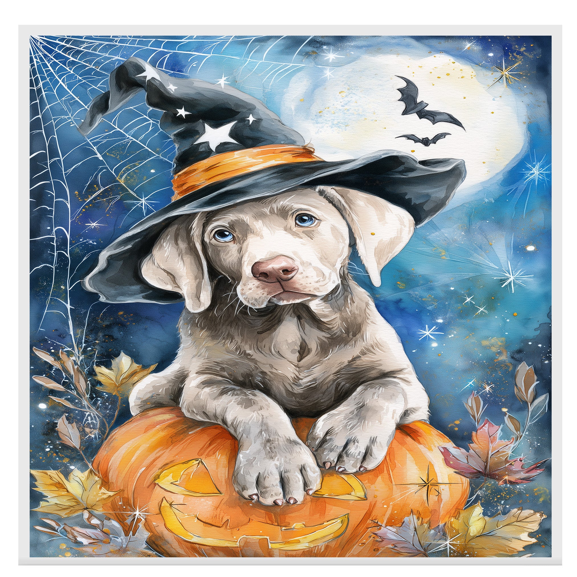 Weimaraner Puppy Halloween Wall Art Witch Hat Pumpkin Lantern Wall Painting for Home Decor Dog Canvas on Ready to Hang 1.5" Thick Canvas Wrap, Floating Framed Canvas, Flat Rolled Canvas