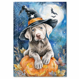 Weimaraner Puppy Halloween Wall Art Witch Hat Pumpkin Lantern Wall Painting for Home Decor Dog Canvas on Ready to Hang 1.5" Thick Canvas Wrap, Floating Framed Canvas, Flat Rolled Canvas