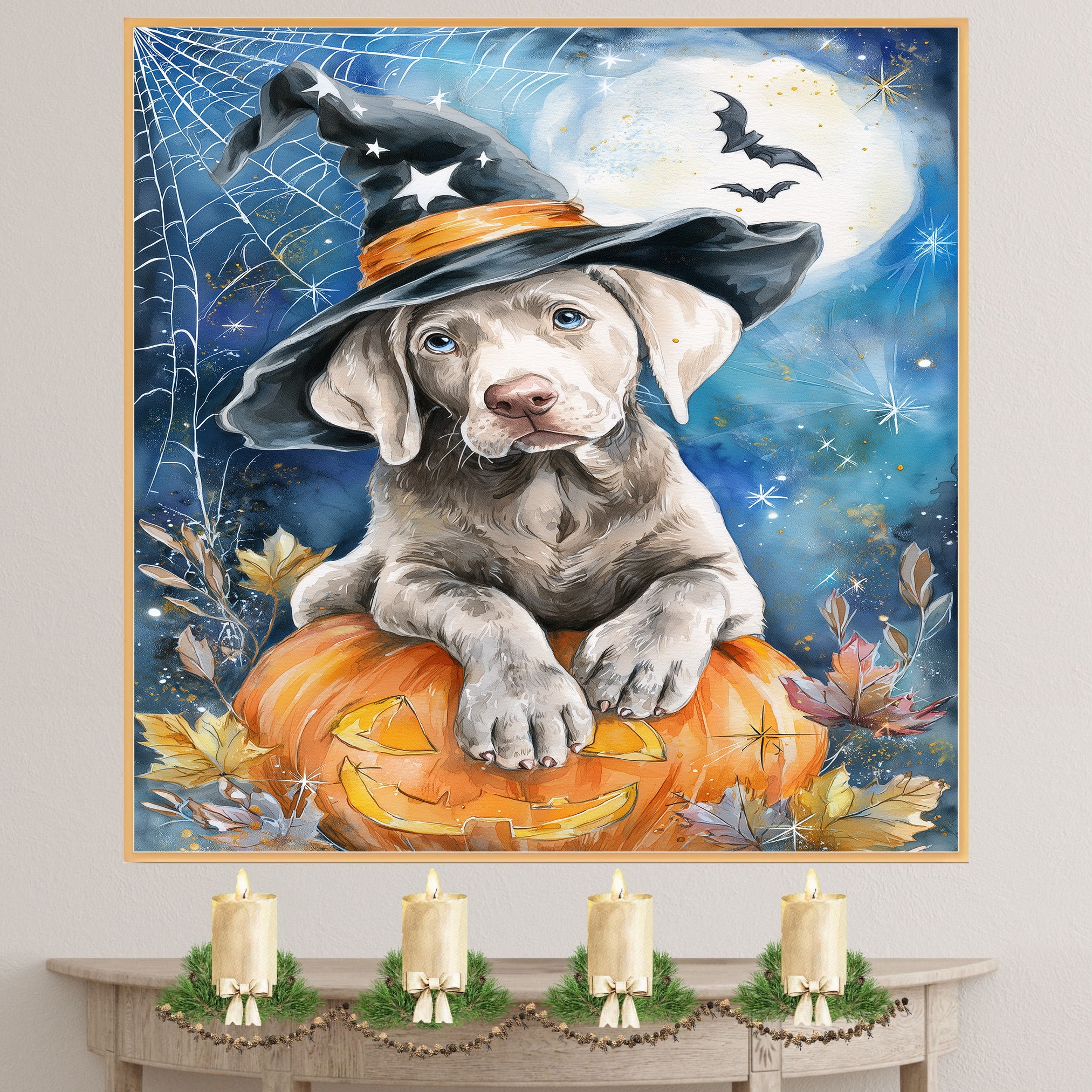 Weimaraner Puppy Halloween Wall Art Witch Hat Pumpkin Lantern Wall Painting for Home Decor Dog Canvas on Ready to Hang 1.5" Thick Canvas Wrap, Floating Framed Canvas, Flat Rolled Canvas
