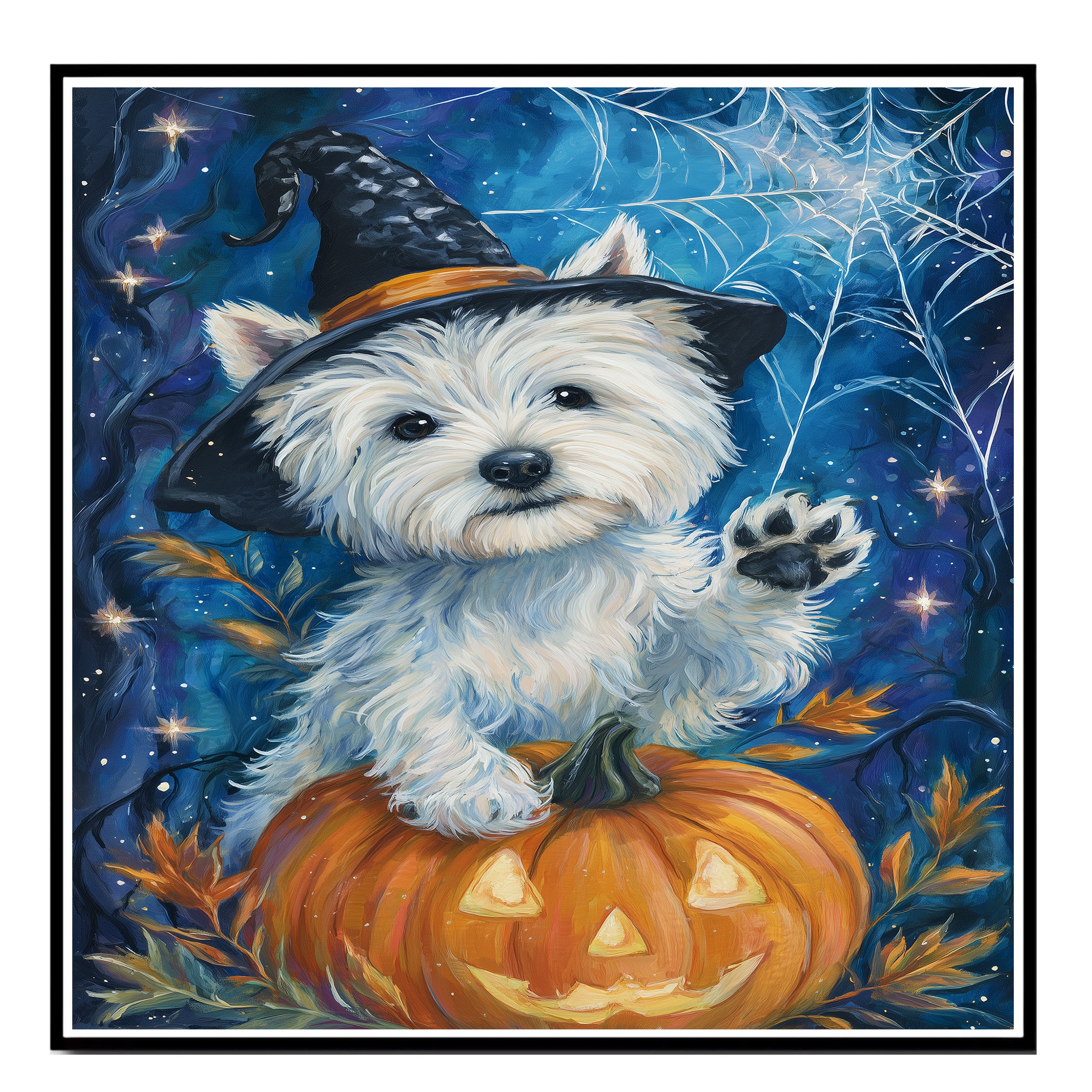 Westie Puppy Halloween Artwork with Witch Hat Pumpkin Dog Décor Canvas Art Ready to Hang Witch Halloween  on Ready to Hang 1.5" Thick Canvas Wrap, Floating Framed Canvas, Flat Rolled Canvas