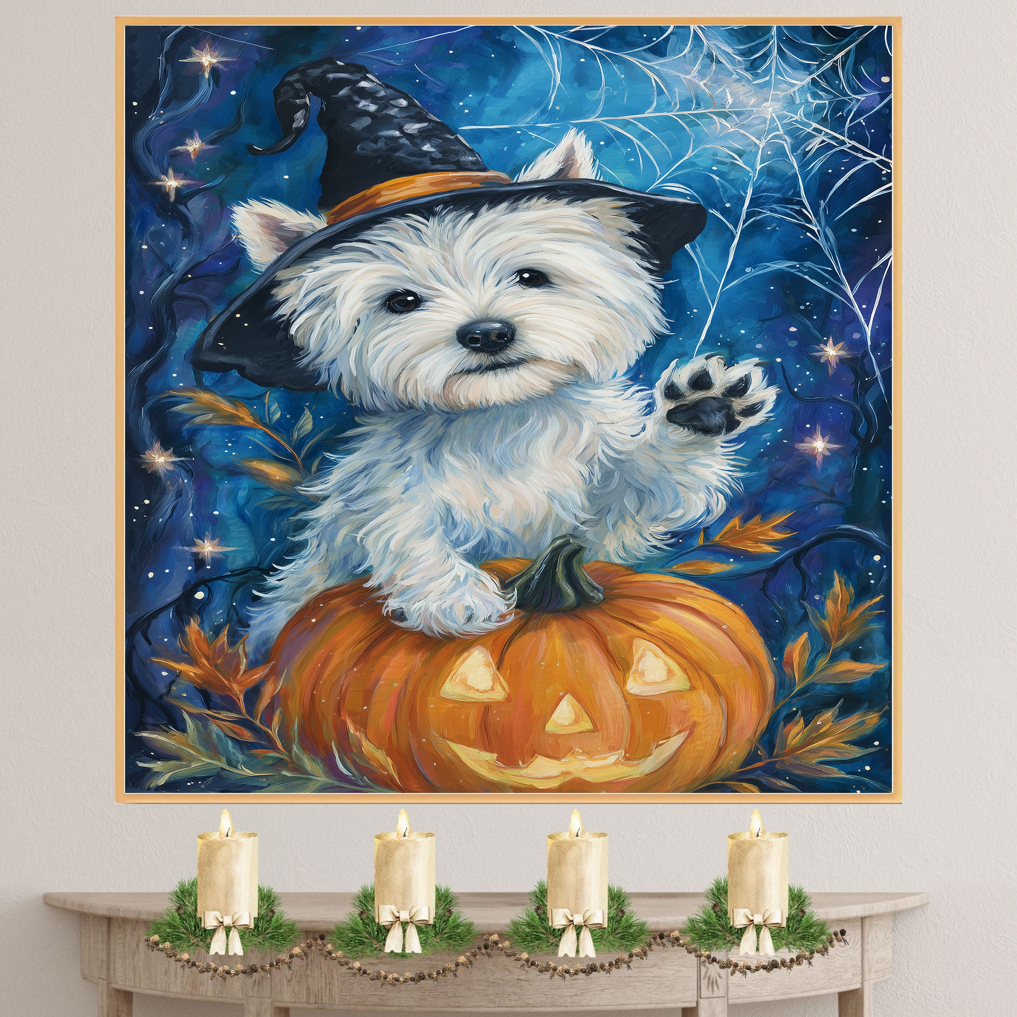 Westie Puppy Halloween Artwork with Witch Hat Pumpkin Dog Décor Canvas Art Ready to Hang Witch Halloween  on Ready to Hang 1.5" Thick Canvas Wrap, Floating Framed Canvas, Flat Rolled Canvas
