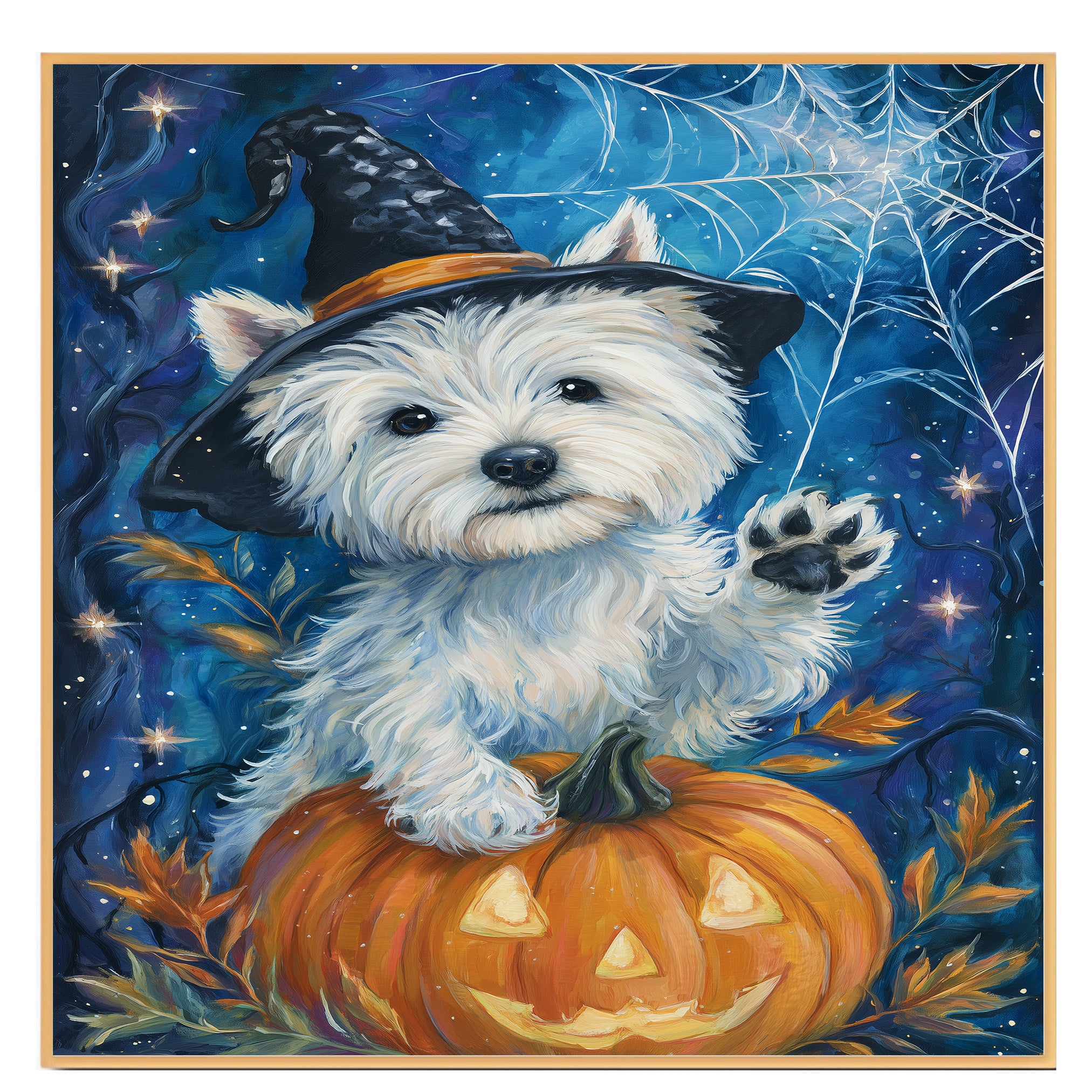 Westie Puppy Halloween Artwork with Witch Hat Pumpkin Dog Décor Canvas Art Ready to Hang Witch Halloween  on Ready to Hang 1.5" Thick Canvas Wrap, Floating Framed Canvas, Flat Rolled Canvas