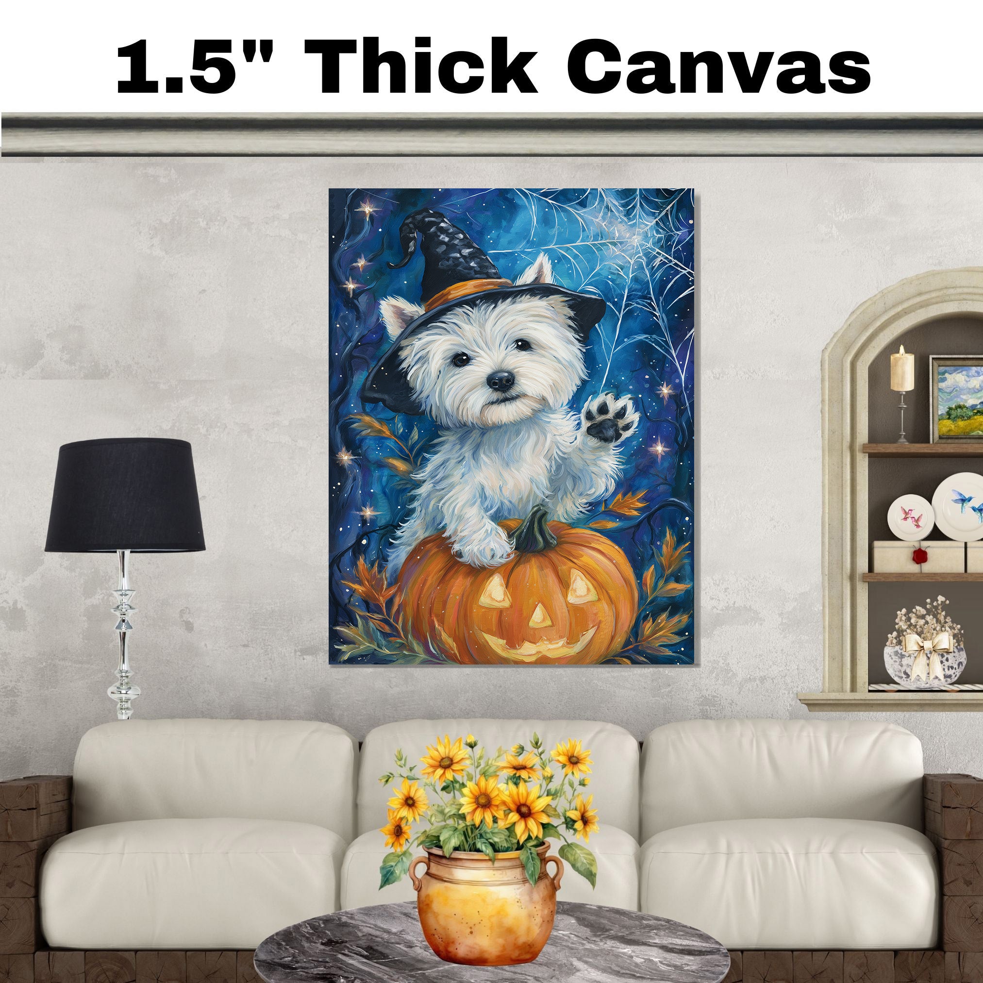 Westie Puppy Halloween Artwork with Witch Hat Pumpkin Dog Décor Canvas Art Ready to Hang Witch Halloween  on Ready to Hang 1.5" Thick Canvas Wrap, Floating Framed Canvas, Flat Rolled Canvas