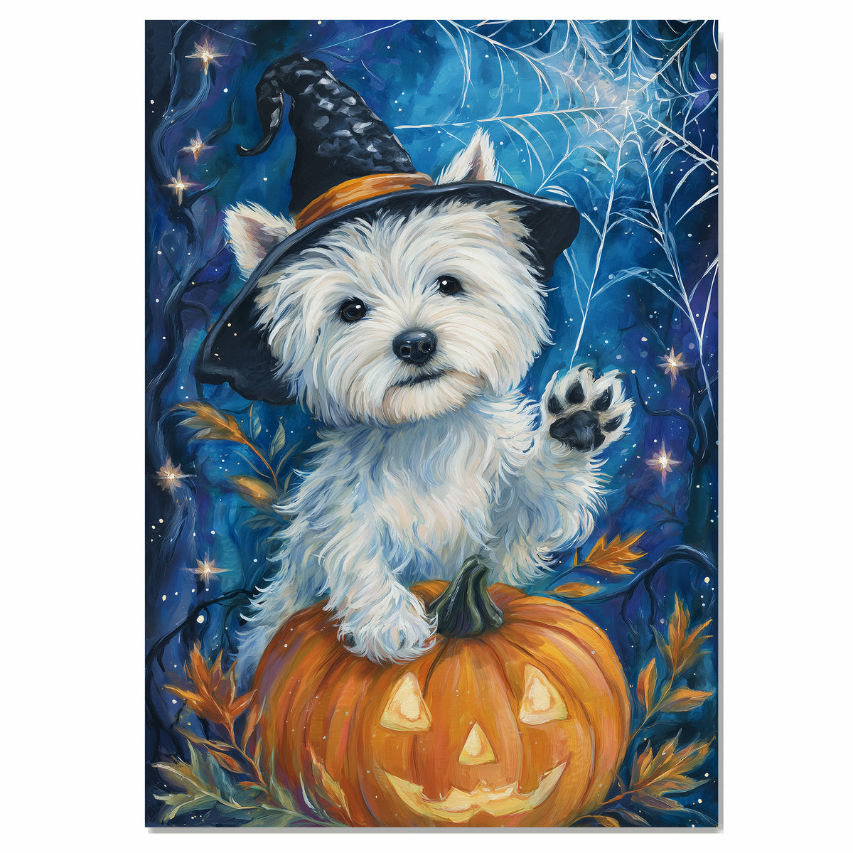 Westie Puppy Halloween Artwork with Witch Hat Pumpkin Dog Décor Canvas Art Ready to Hang Witch Halloween  on Ready to Hang 1.5" Thick Canvas Wrap, Floating Framed Canvas, Flat Rolled Canvas