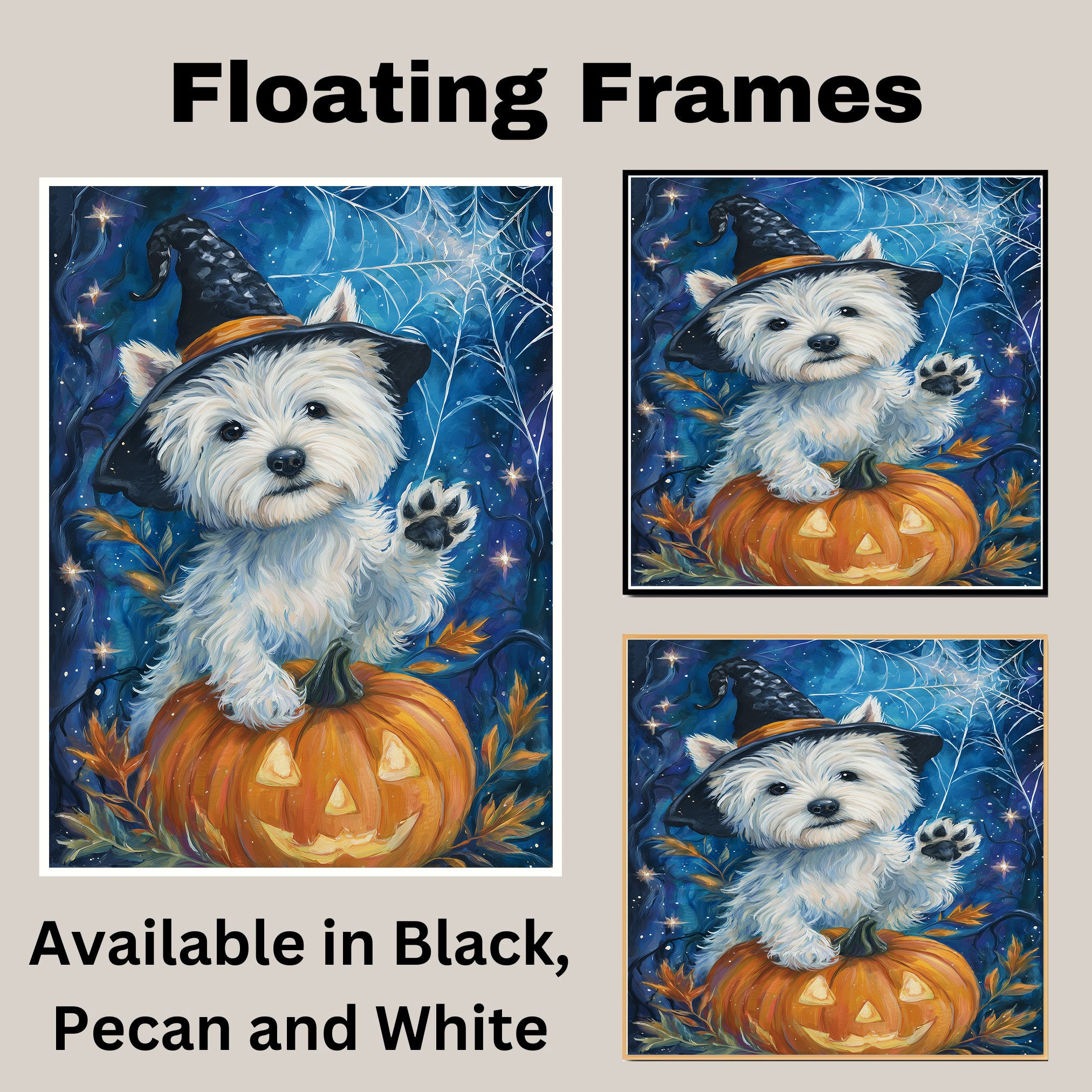 Westie Puppy Halloween Artwork with Witch Hat Pumpkin Dog Décor Canvas Art Ready to Hang Witch Halloween  on Ready to Hang 1.5" Thick Canvas Wrap, Floating Framed Canvas, Flat Rolled Canvas