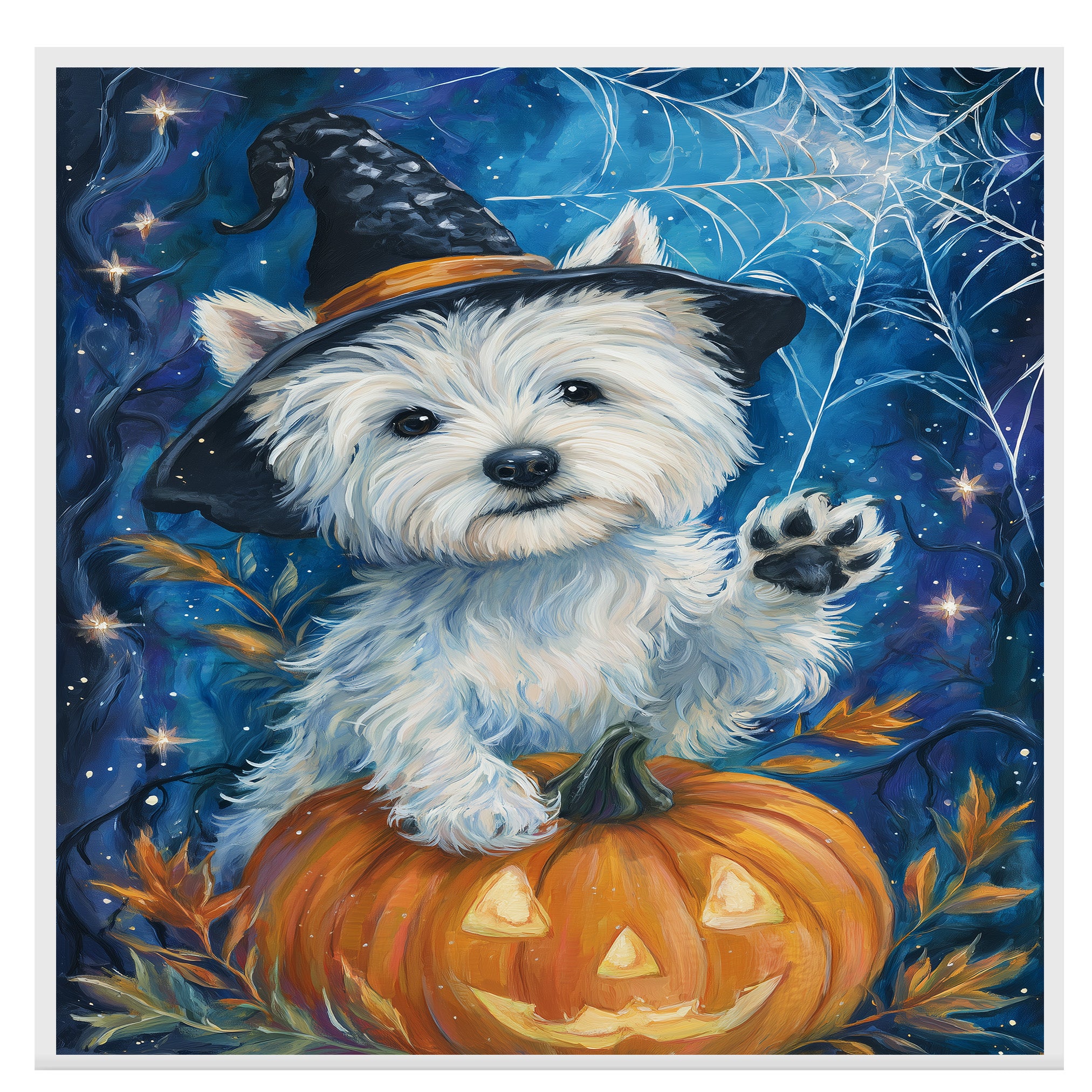 Westie Puppy Halloween Artwork with Witch Hat Pumpkin Dog Décor Canvas Art Ready to Hang Witch Halloween  on Ready to Hang 1.5" Thick Canvas Wrap, Floating Framed Canvas, Flat Rolled Canvas