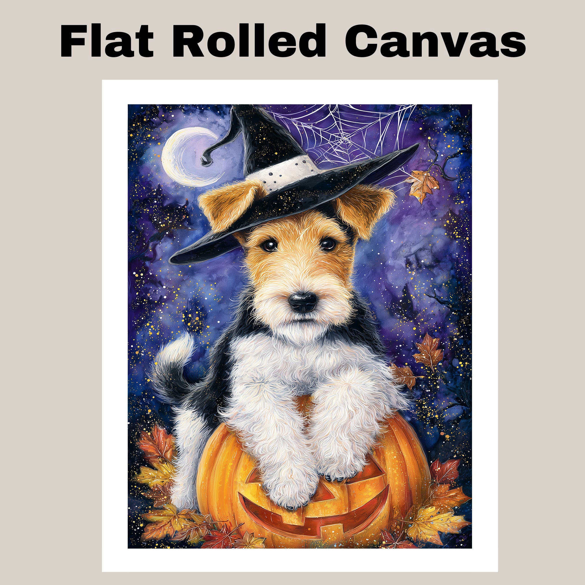 Wire Fox Terrier Puppy Halloween Wall Art Witch Hat Pumpkin Lantern Wall Decor Bedroom Bathroom Wall Decor on Ready to Hang 1.5" Thick Canvas Wrap, Floating Framed Canvas, Flat Rolled Canvas