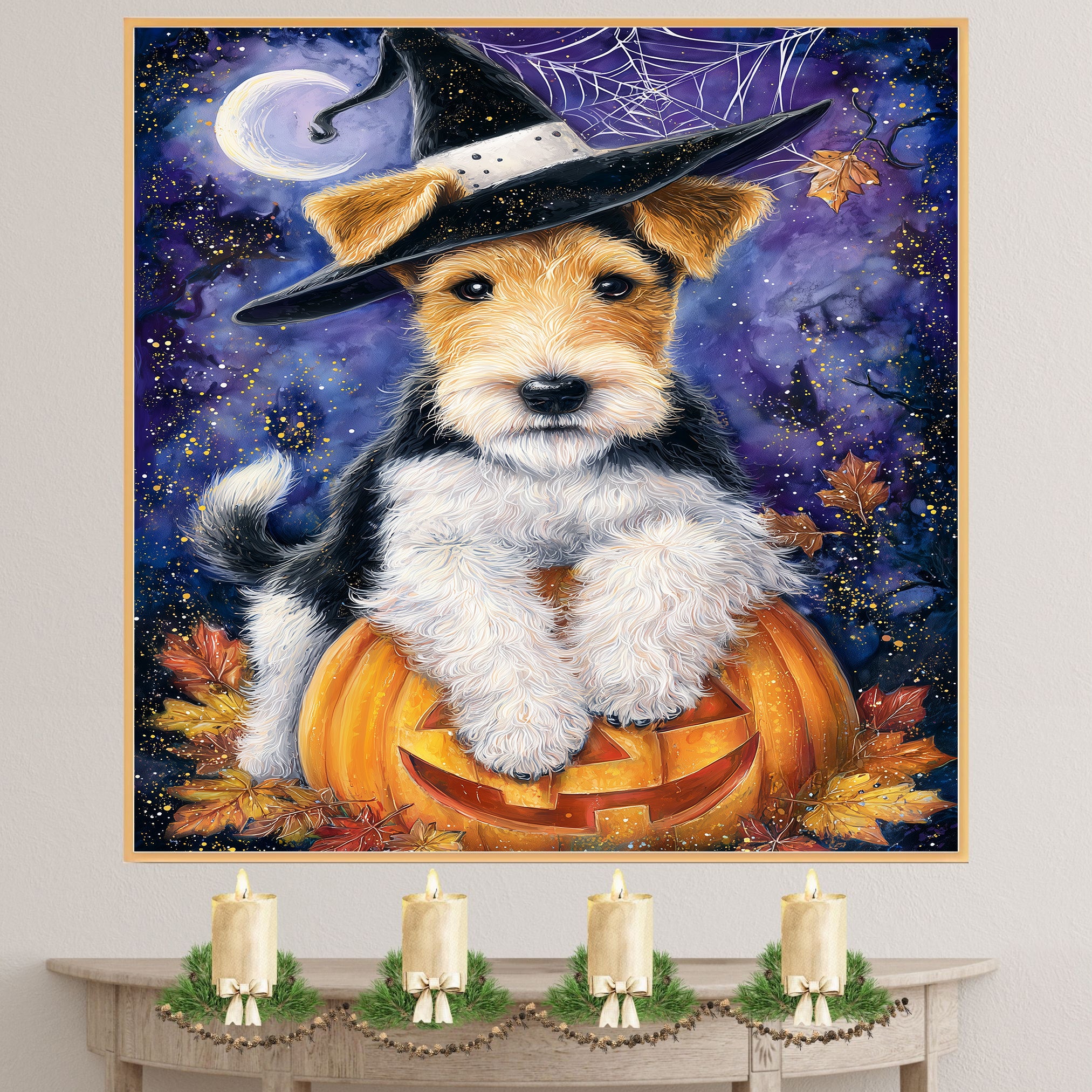 Wire Fox Terrier Puppy Halloween Wall Art Witch Hat Pumpkin Lantern Wall Decor Bedroom Bathroom Wall Decor on Ready to Hang 1.5" Thick Canvas Wrap, Floating Framed Canvas, Flat Rolled Canvas