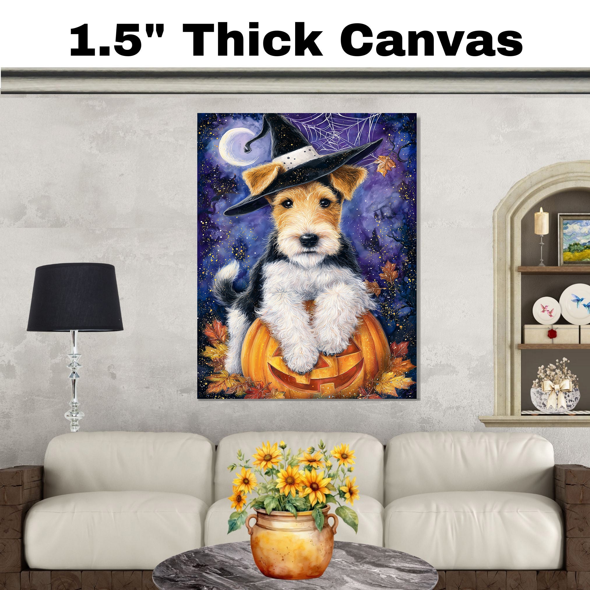 Wire Fox Terrier Puppy Halloween Wall Art Witch Hat Pumpkin Lantern Wall Decor Bedroom Bathroom Wall Decor on Ready to Hang 1.5" Thick Canvas Wrap, Floating Framed Canvas, Flat Rolled Canvas