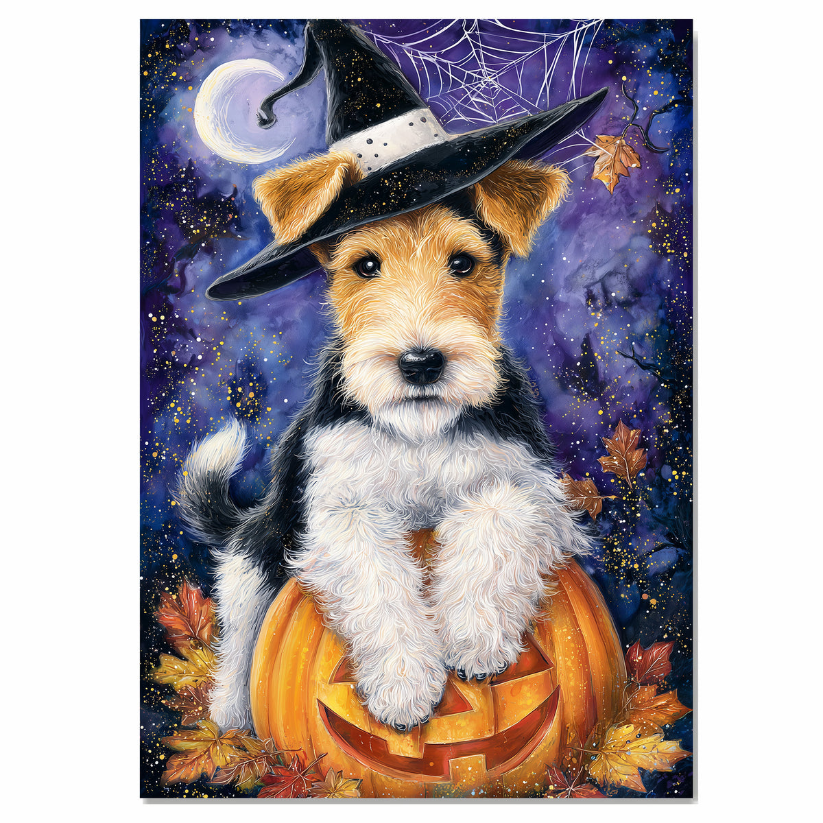 Wire Fox Terrier Puppy Halloween Wall Art Witch Hat Pumpkin Lantern Wall Decor Bedroom Bathroom Wall Decor on Ready to Hang 1.5" Thick Canvas Wrap, Floating Framed Canvas, Flat Rolled Canvas