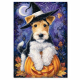 Wire Fox Terrier Puppy Halloween Wall Art Witch Hat Pumpkin Lantern Wall Decor Bedroom Bathroom Wall Decor on Ready to Hang 1.5" Thick Canvas Wrap, Floating Framed Canvas, Flat Rolled Canvas