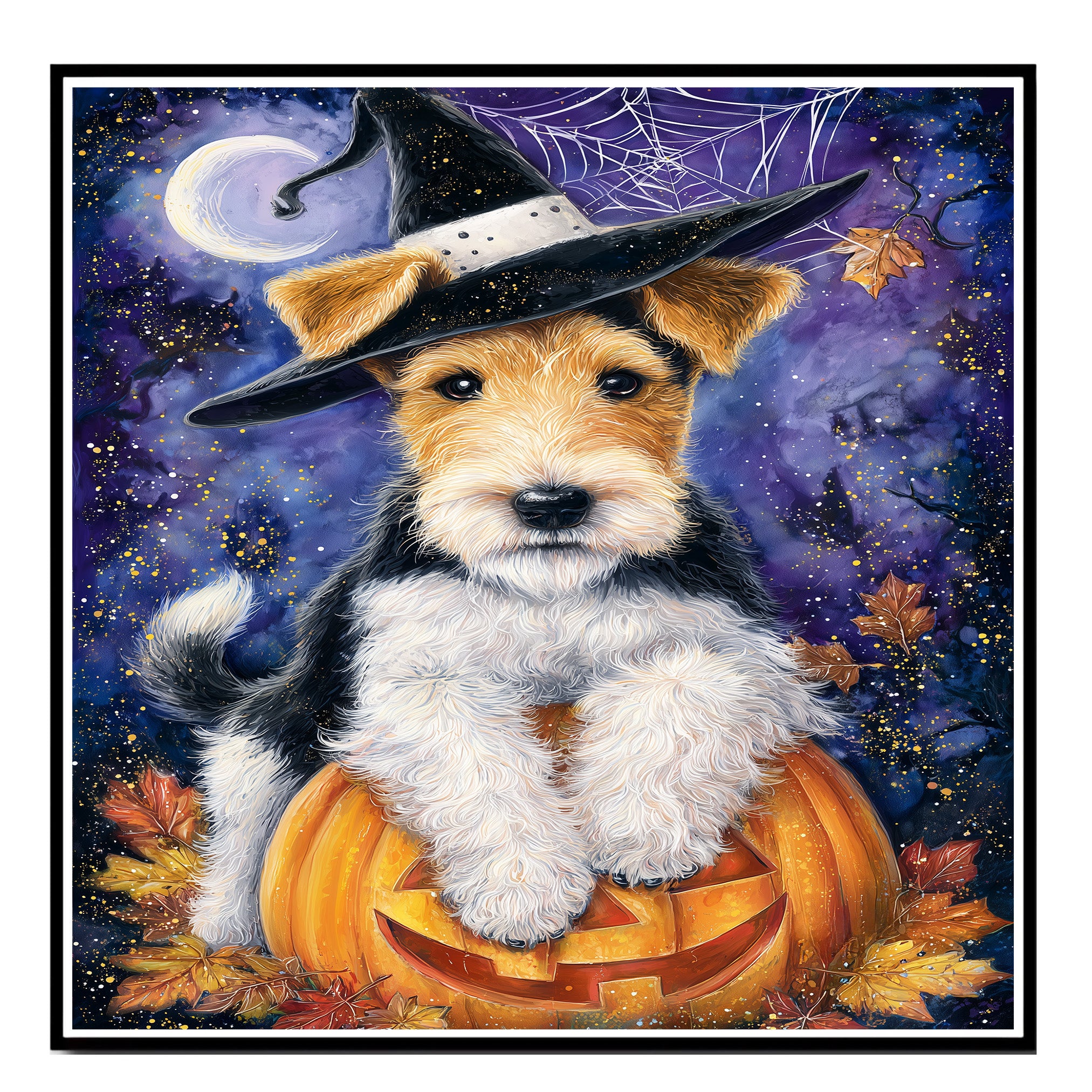 Wire Fox Terrier Puppy Halloween Wall Art Witch Hat Pumpkin Lantern Wall Decor Bedroom Bathroom Wall Decor on Ready to Hang 1.5" Thick Canvas Wrap, Floating Framed Canvas, Flat Rolled Canvas