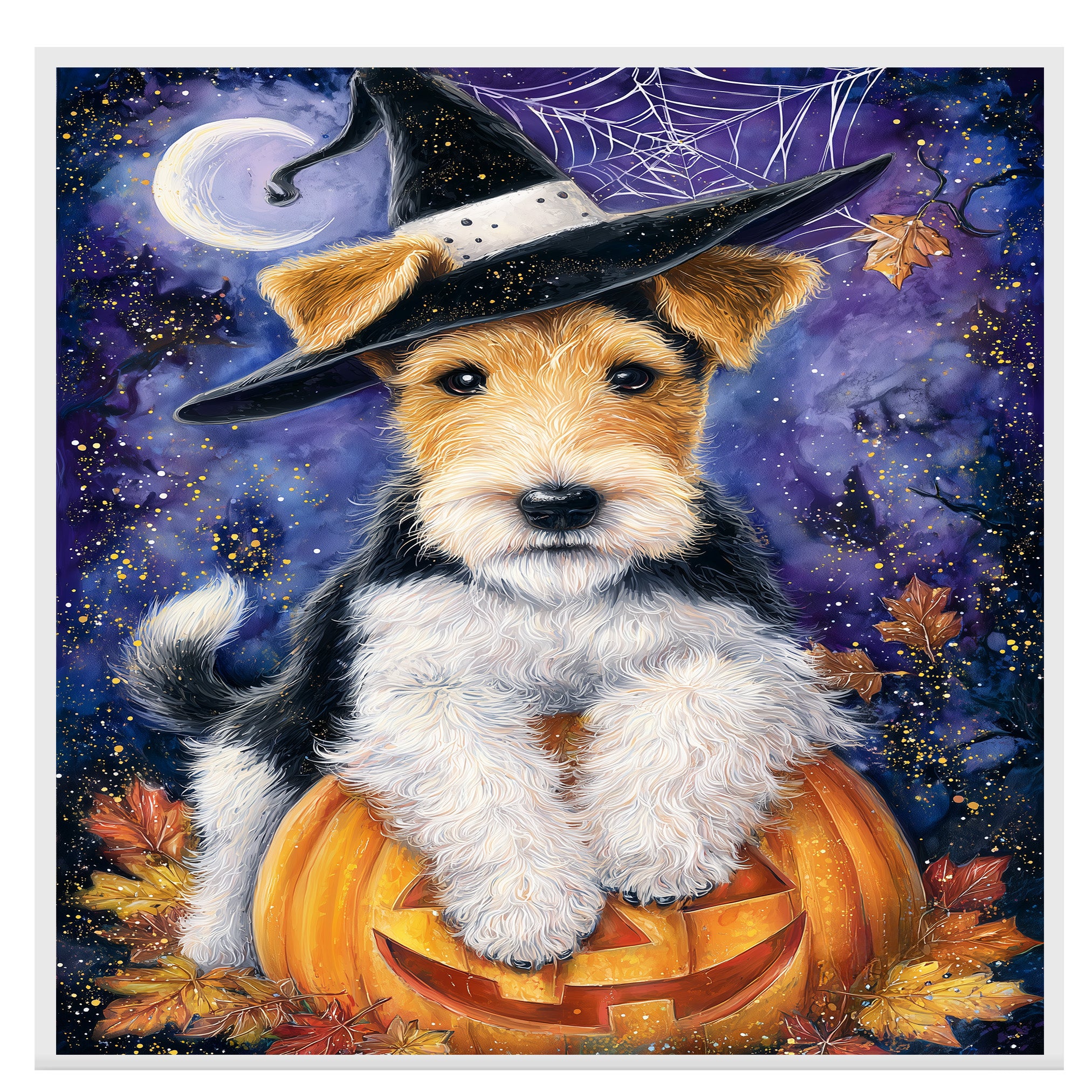 Wire Fox Terrier Puppy Halloween Wall Art Witch Hat Pumpkin Lantern Wall Decor Bedroom Bathroom Wall Decor on Ready to Hang 1.5" Thick Canvas Wrap, Floating Framed Canvas, Flat Rolled Canvas