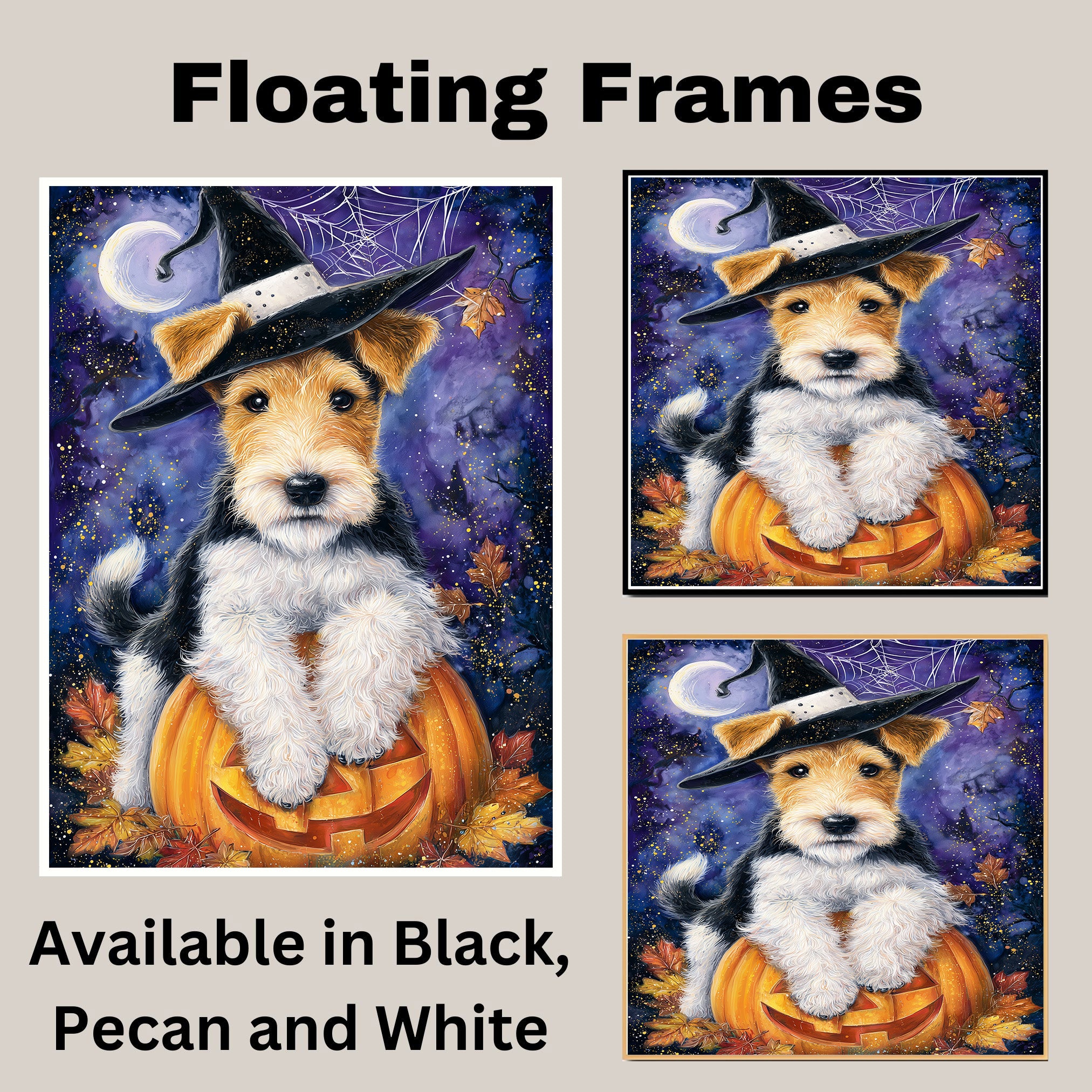 Wire Fox Terrier Puppy Halloween Wall Art Witch Hat Pumpkin Lantern Wall Decor Bedroom Bathroom Wall Decor on Ready to Hang 1.5" Thick Canvas Wrap, Floating Framed Canvas, Flat Rolled Canvas