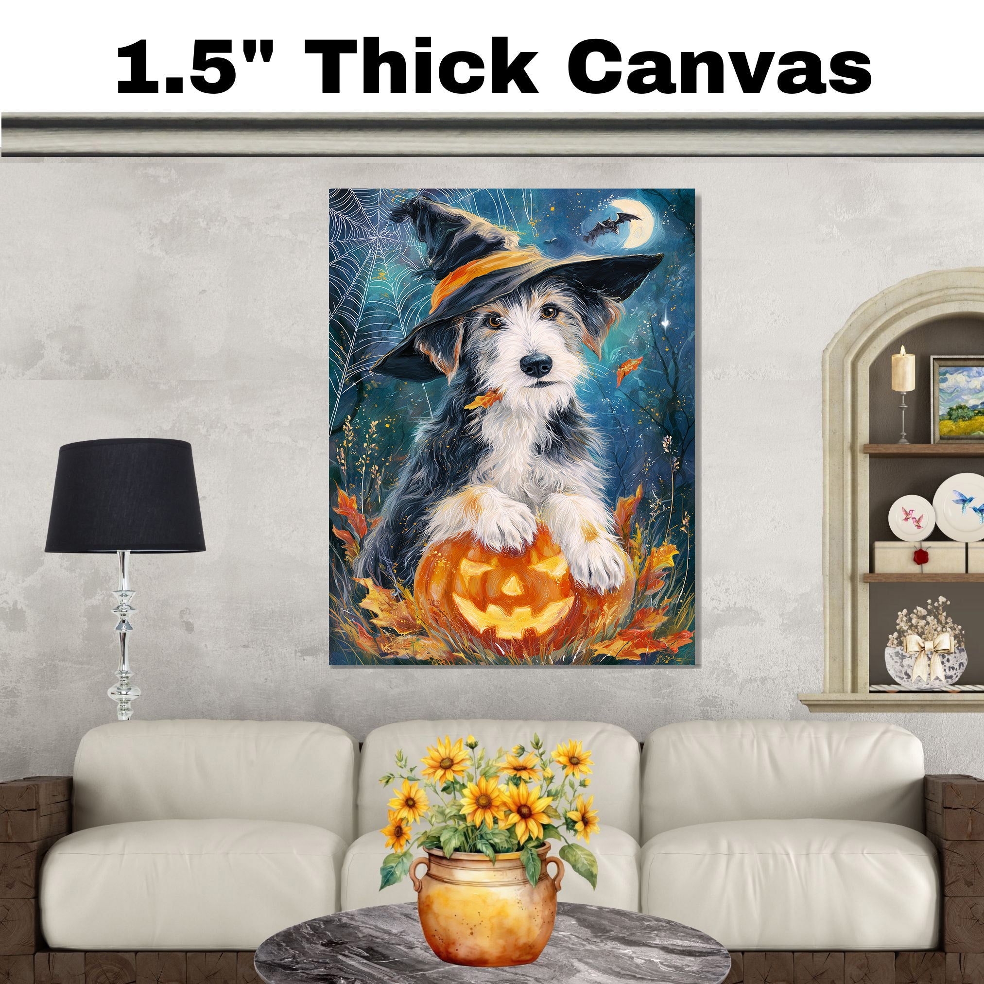 Wolfhound Dog Halloween Candy Bathroom Home Decor Wall Art with Horror Bat Spider Web Canvas on Ready to Hang 1.5" Thick Canvas Wrap, Floating Framed Canvas, Flat Rolled Canvas