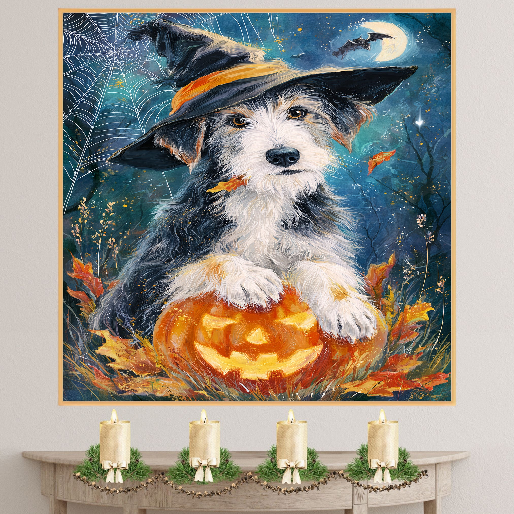 Wolfhound Dog Halloween Candy Bathroom Home Decor Wall Art with Horror Bat Spider Web Canvas on Ready to Hang 1.5" Thick Canvas Wrap, Floating Framed Canvas, Flat Rolled Canvas