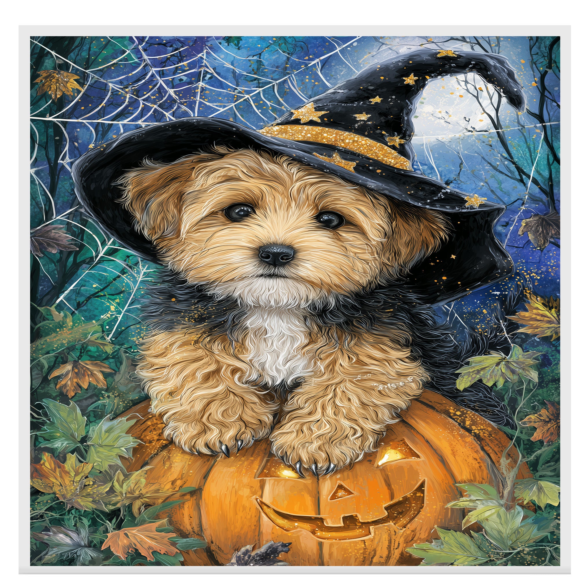 Yorkipoo Puppy Halloween Canvas Wall Art Witch Hat Pumpkin Décor for Dog Lovers Bedroom on Ready to Hang 1.5" Thick Canvas Wrap, Floating Framed Canvas, Flat Rolled Canvas