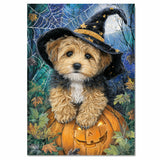 Yorkipoo Puppy Halloween Canvas Wall Art Witch Hat Pumpkin Décor for Dog Lovers Bedroom on Ready to Hang 1.5" Thick Canvas Wrap, Floating Framed Canvas, Flat Rolled Canvas