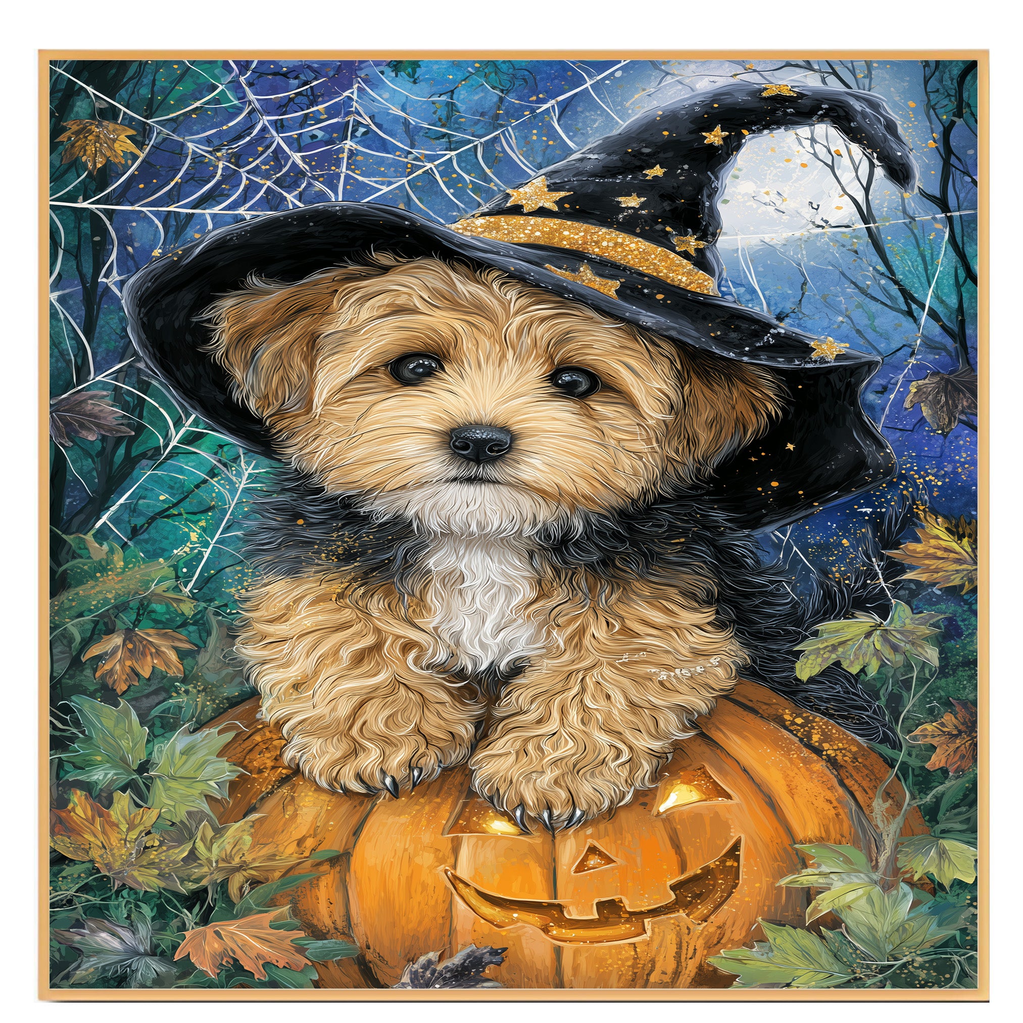 Yorkipoo Puppy Halloween Canvas Wall Art Witch Hat Pumpkin Décor for Dog Lovers Bedroom on Ready to Hang 1.5" Thick Canvas Wrap, Floating Framed Canvas, Flat Rolled Canvas