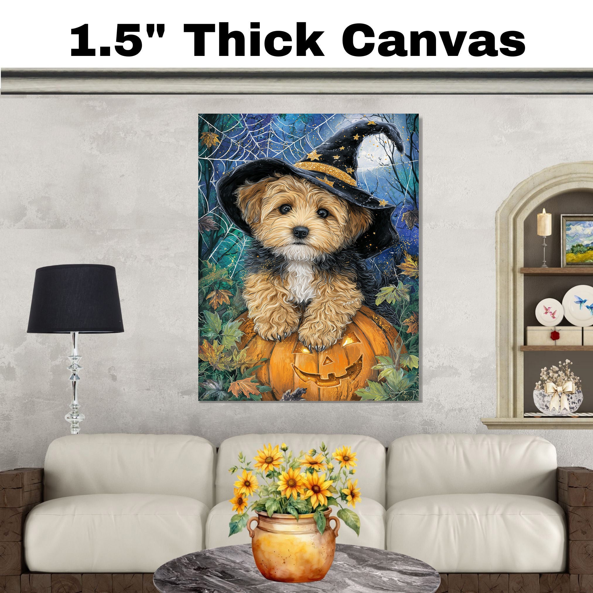Yorkipoo Puppy Halloween Canvas Wall Art Witch Hat Pumpkin Décor for Dog Lovers Bedroom on Ready to Hang 1.5" Thick Canvas Wrap, Floating Framed Canvas, Flat Rolled Canvas