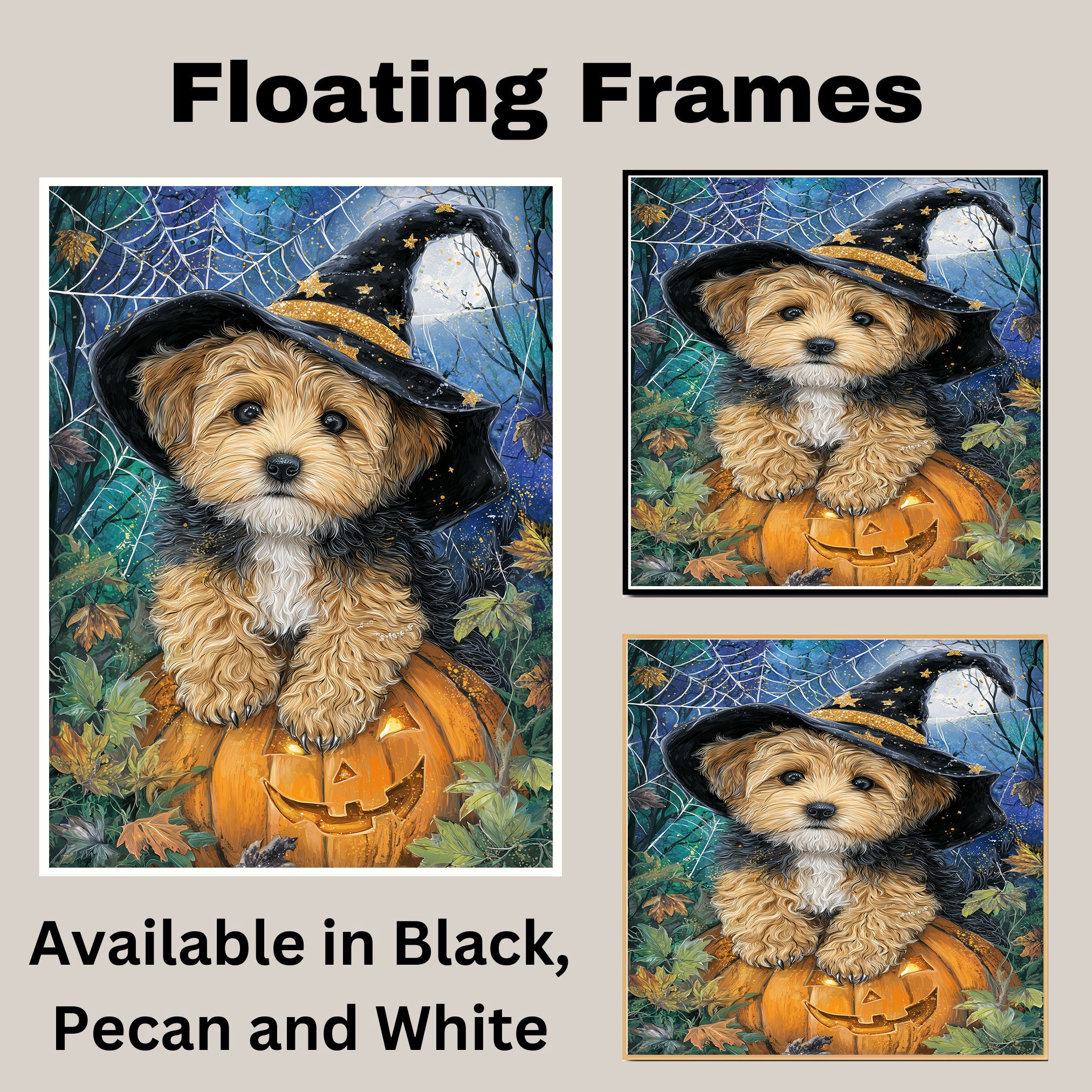 Yorkipoo Puppy Halloween Canvas Wall Art Witch Hat Pumpkin Décor for Dog Lovers Bedroom on Ready to Hang 1.5" Thick Canvas Wrap, Floating Framed Canvas, Flat Rolled Canvas
