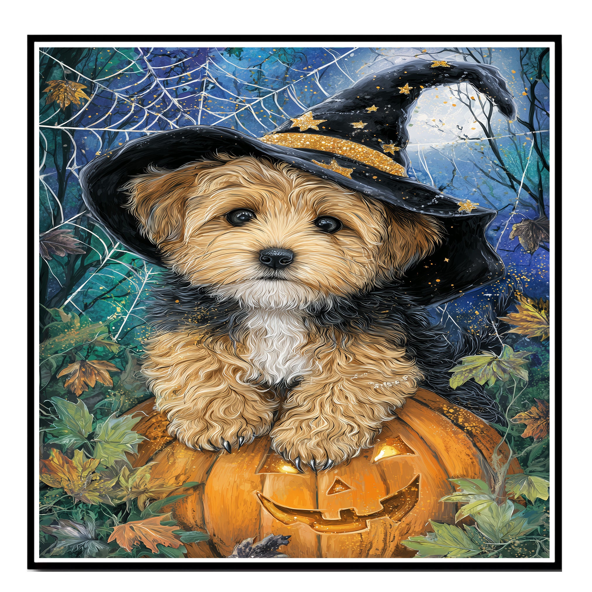 Yorkipoo Puppy Halloween Canvas Wall Art Witch Hat Pumpkin Décor for Dog Lovers Bedroom on Ready to Hang 1.5" Thick Canvas Wrap, Floating Framed Canvas, Flat Rolled Canvas