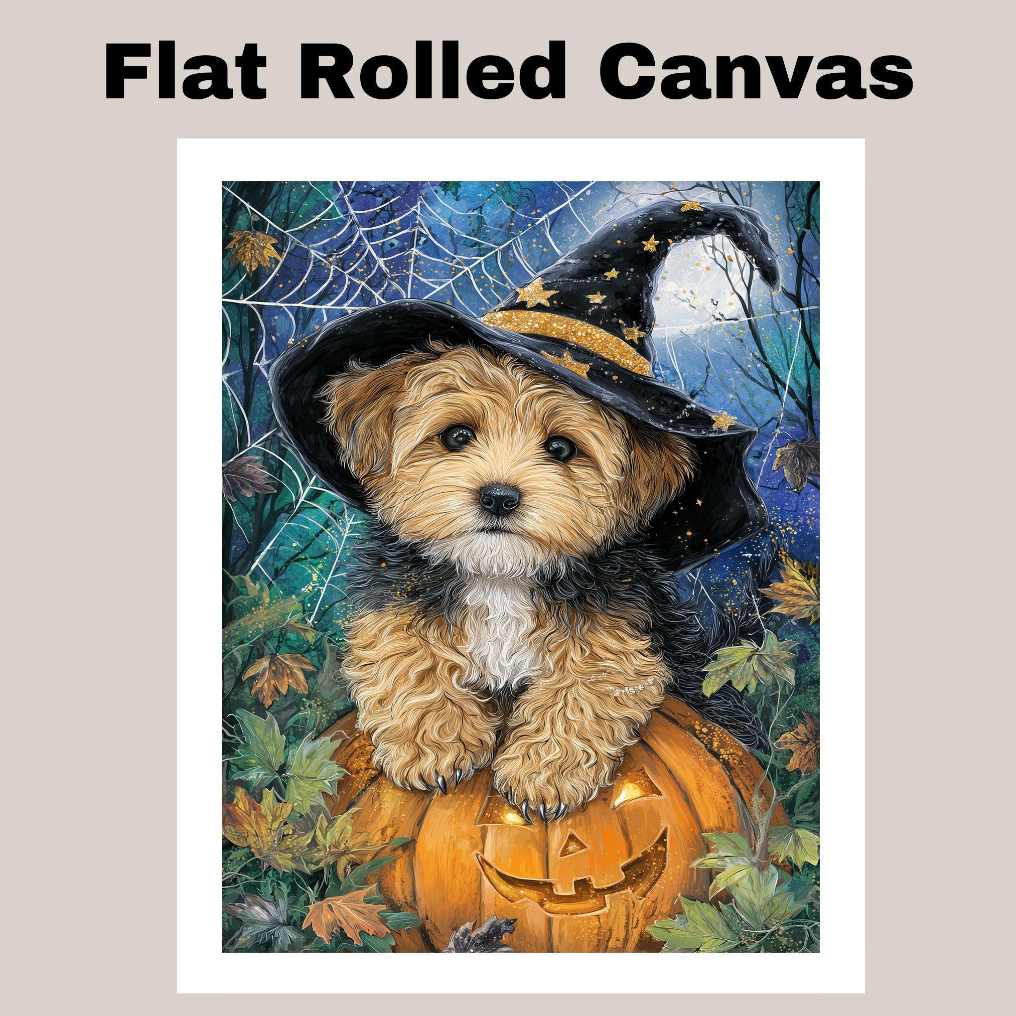 Yorkipoo Puppy Halloween Canvas Wall Art Witch Hat Pumpkin Décor for Dog Lovers Bedroom on Ready to Hang 1.5" Thick Canvas Wrap, Floating Framed Canvas, Flat Rolled Canvas