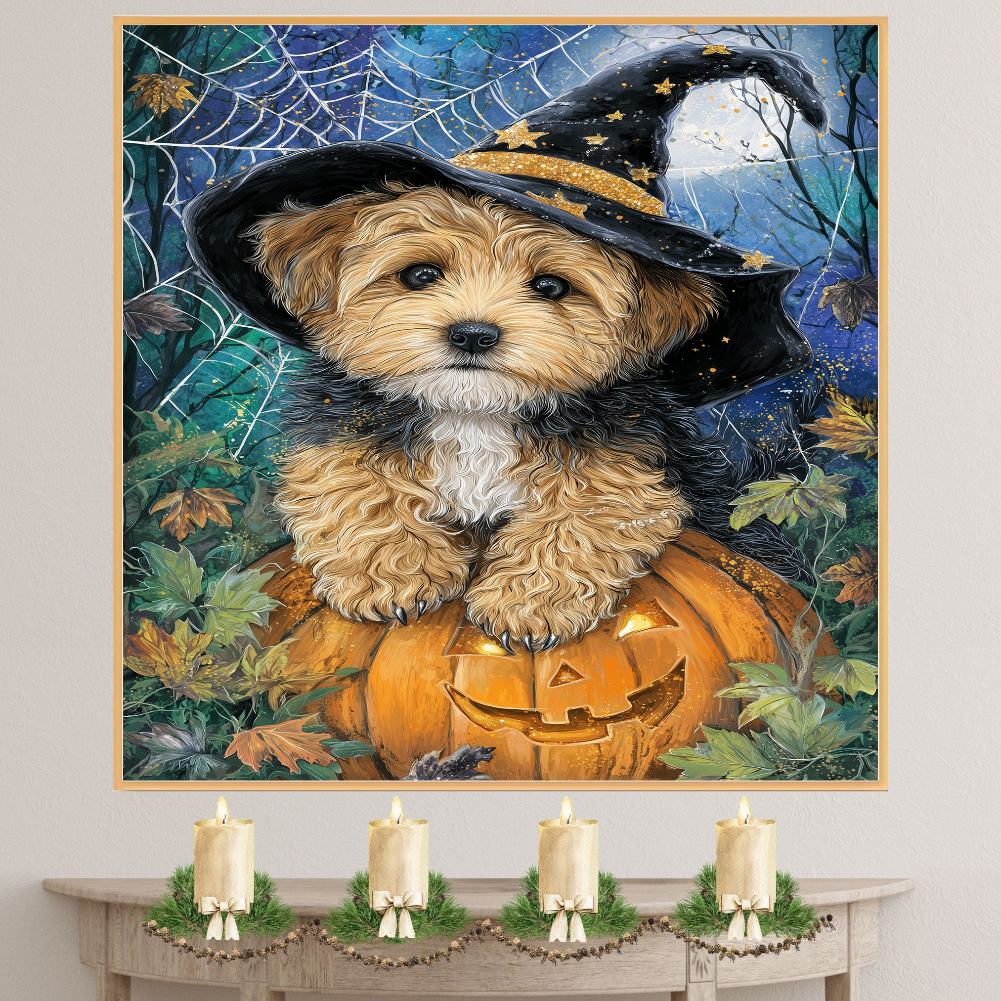 Yorkipoo Puppy Halloween Canvas Wall Art Witch Hat Pumpkin Décor for Dog Lovers Bedroom on Ready to Hang 1.5" Thick Canvas Wrap, Floating Framed Canvas, Flat Rolled Canvas