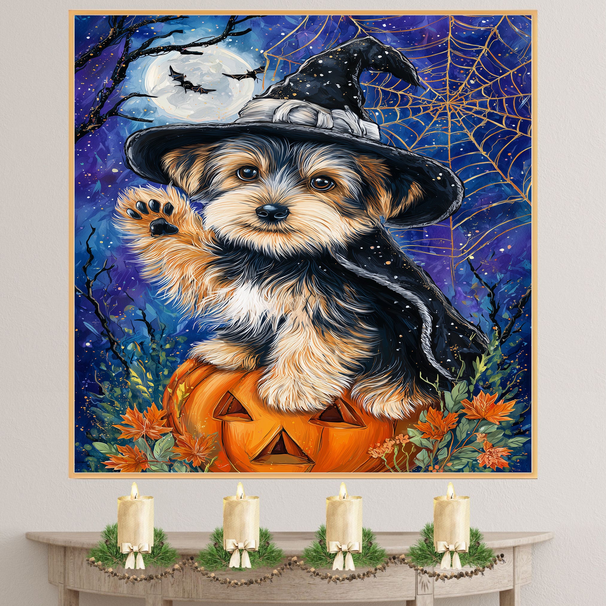 Yorkshire Terrier Puppy Halloween Canvas Wall Art Witch Hat Pumpkin Artwork for Home Décor on Ready to Hang 1.5" Thick Canvas Wrap, Floating Framed Canvas, Flat Rolled Canvas