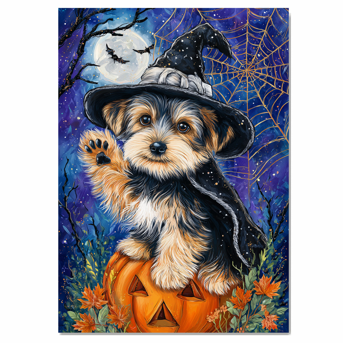 Yorkshire Terrier Puppy Halloween Canvas Wall Art Witch Hat Pumpkin Artwork for Home Décor on Ready to Hang 1.5" Thick Canvas Wrap, Floating Framed Canvas, Flat Rolled Canvas