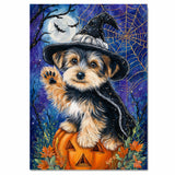 Yorkshire Terrier Puppy Halloween Canvas Wall Art Witch Hat Pumpkin Artwork for Home Décor on Ready to Hang 1.5" Thick Canvas Wrap, Floating Framed Canvas, Flat Rolled Canvas