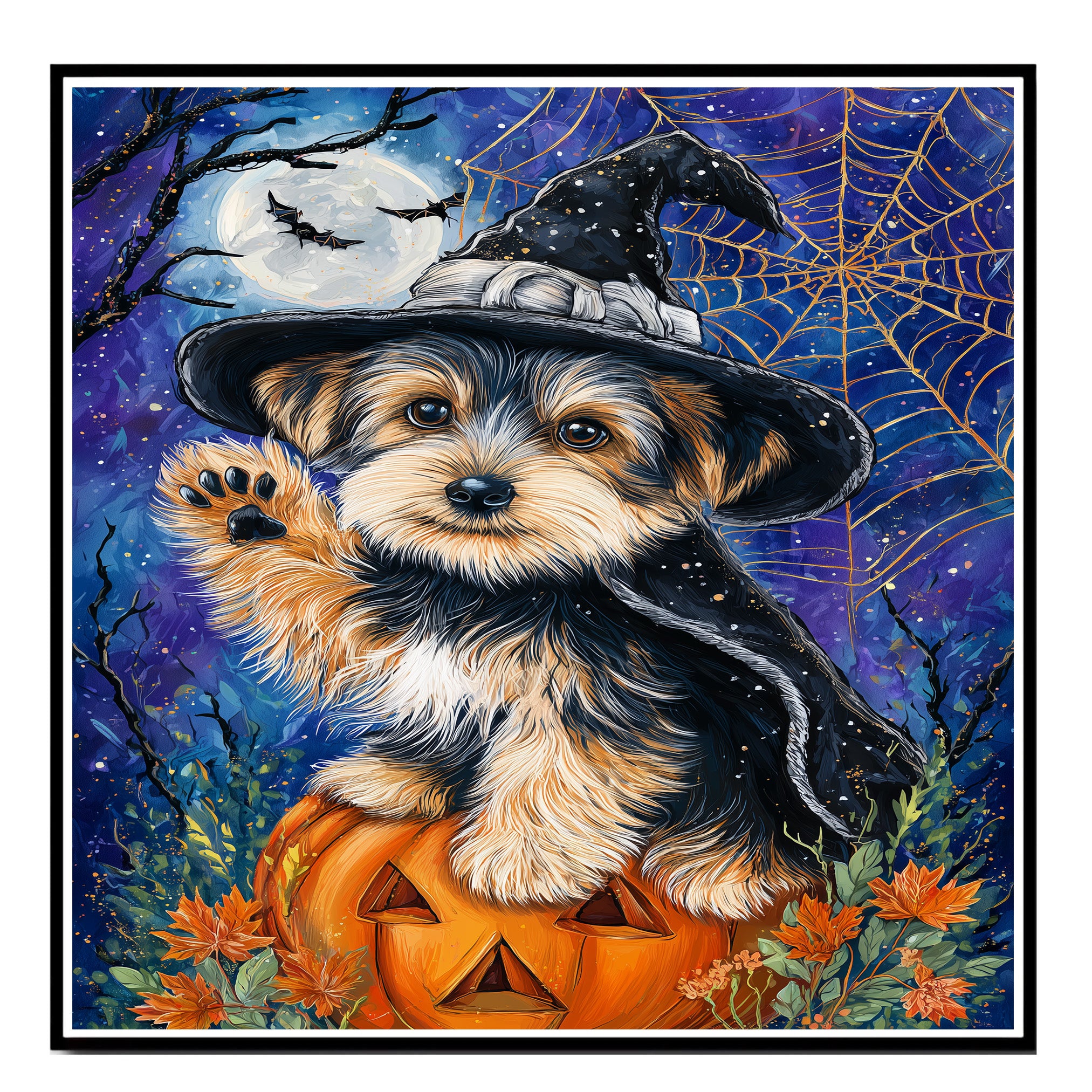 Yorkshire Terrier Puppy Halloween Canvas Wall Art Witch Hat Pumpkin Artwork for Home Décor on Ready to Hang 1.5" Thick Canvas Wrap, Floating Framed Canvas, Flat Rolled Canvas