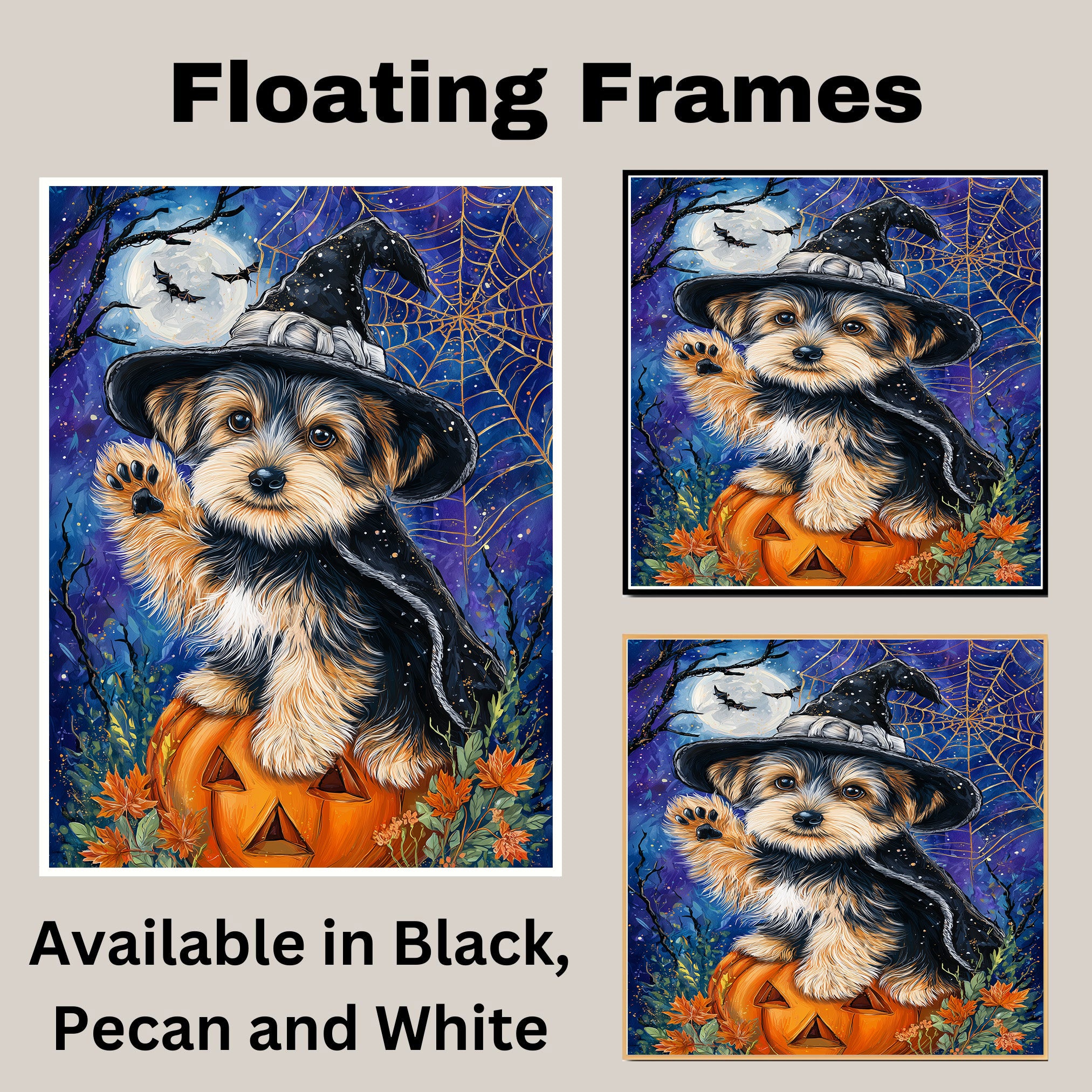 Yorkshire Terrier Puppy Halloween Canvas Wall Art Witch Hat Pumpkin Artwork for Home Décor on Ready to Hang 1.5" Thick Canvas Wrap, Floating Framed Canvas, Flat Rolled Canvas