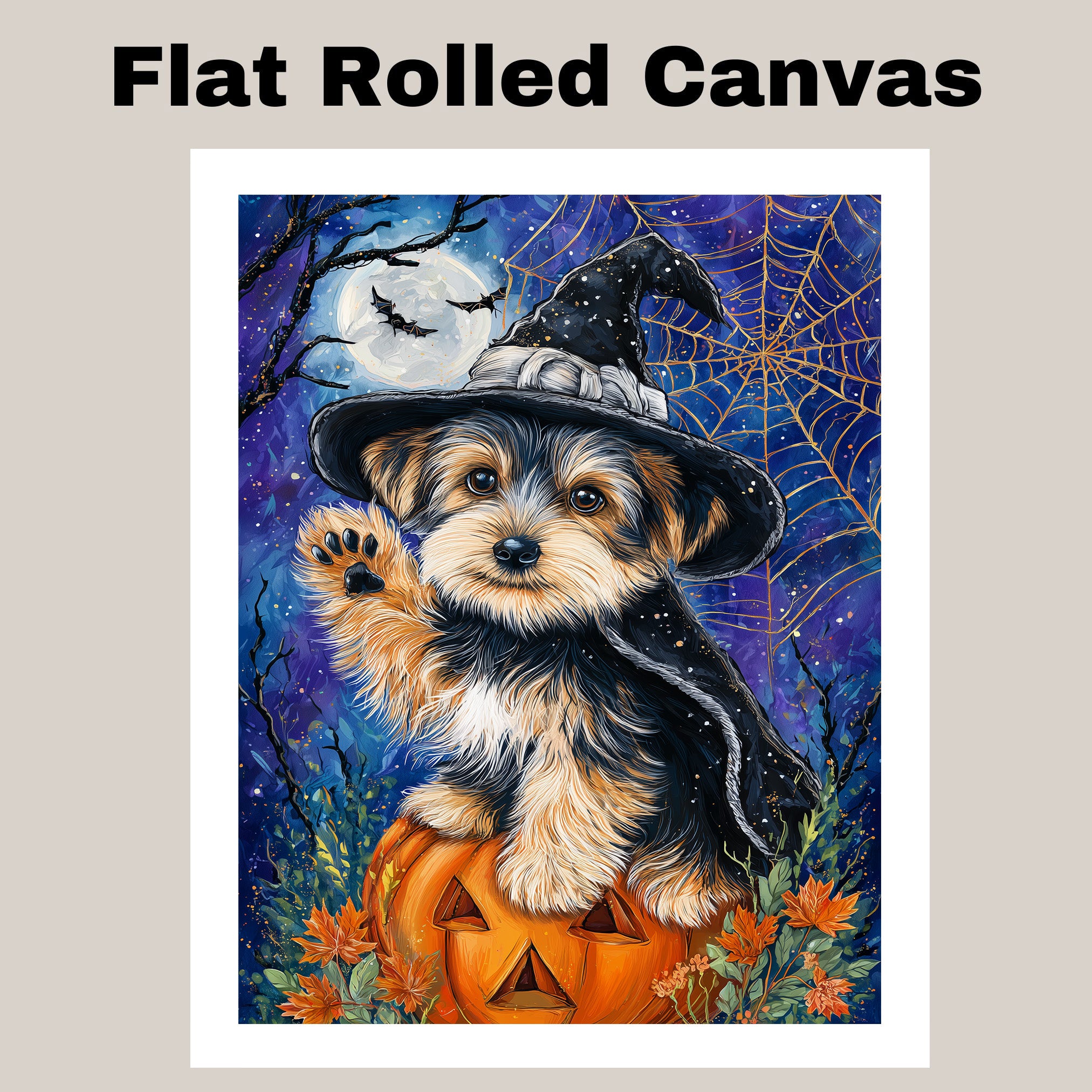 Yorkshire Terrier Puppy Halloween Canvas Wall Art Witch Hat Pumpkin Artwork for Home Décor on Ready to Hang 1.5" Thick Canvas Wrap, Floating Framed Canvas, Flat Rolled Canvas