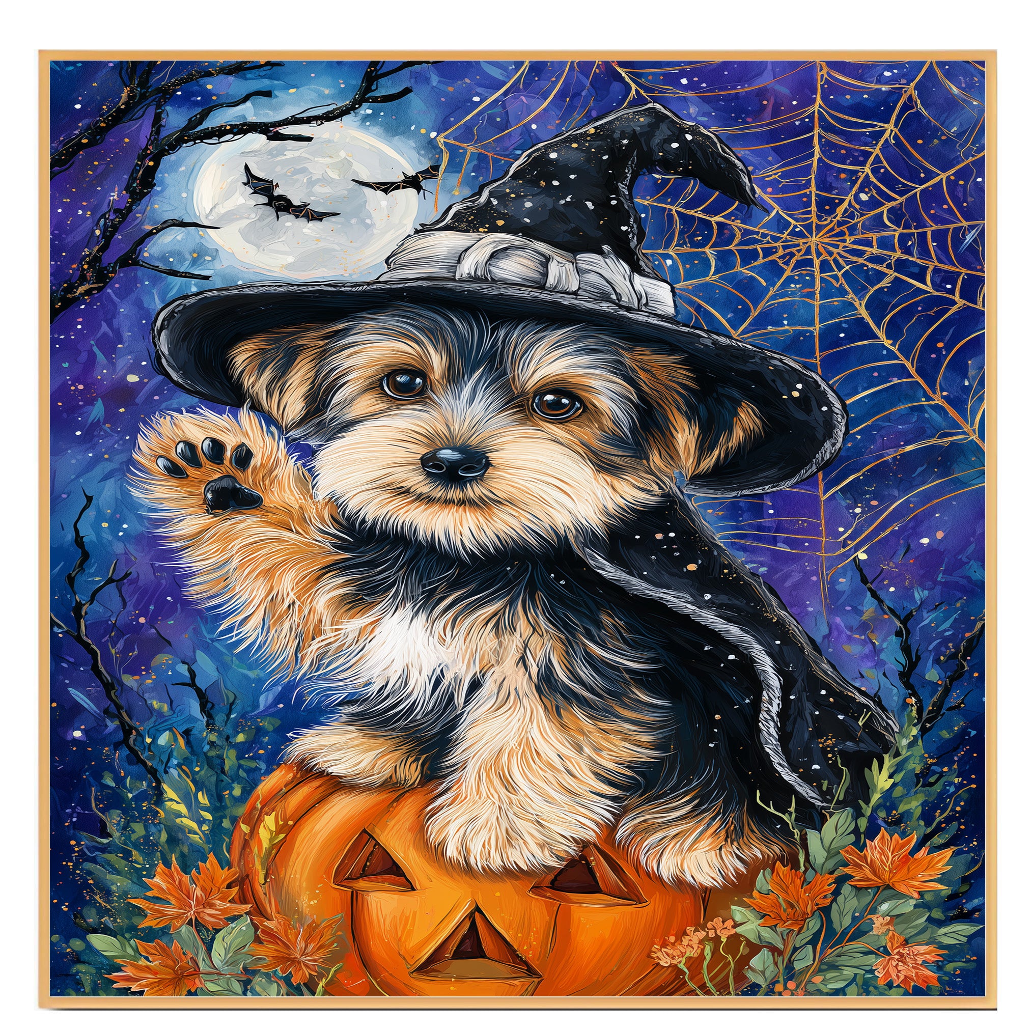 Yorkshire Terrier Puppy Halloween Canvas Wall Art Witch Hat Pumpkin Artwork for Home Décor on Ready to Hang 1.5" Thick Canvas Wrap, Floating Framed Canvas, Flat Rolled Canvas