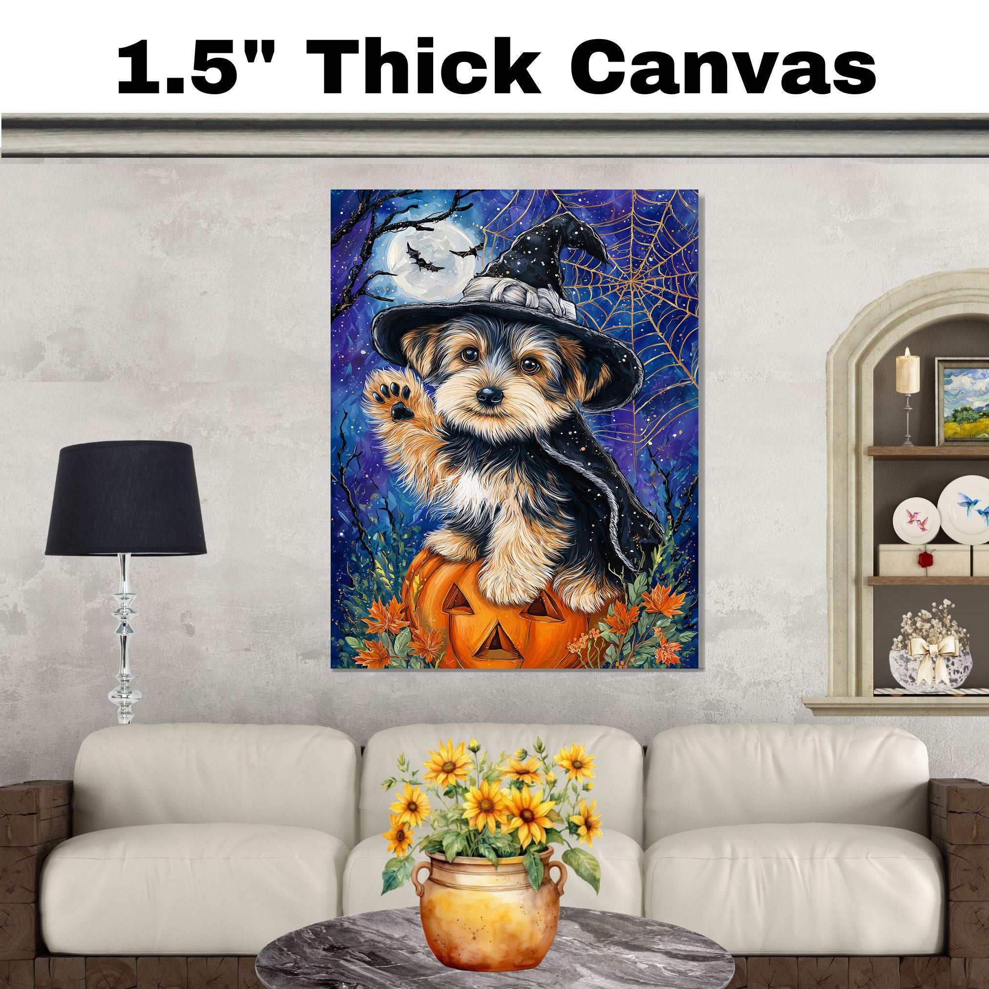 Yorkshire Terrier Puppy Halloween Canvas Wall Art Witch Hat Pumpkin Artwork for Home Décor on Ready to Hang 1.5" Thick Canvas Wrap, Floating Framed Canvas, Flat Rolled Canvas