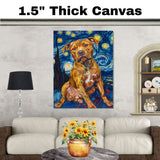 Golden Pitbull Dog Portrait in Starry Night Style with Swirling Sky and Bold Expressionist Brush Strokes Inspired by Van Gogh on Ready to Hang 1.5" Thick Canvas Wrap, Floating Framed Canvas, Flat Rolled Canvas