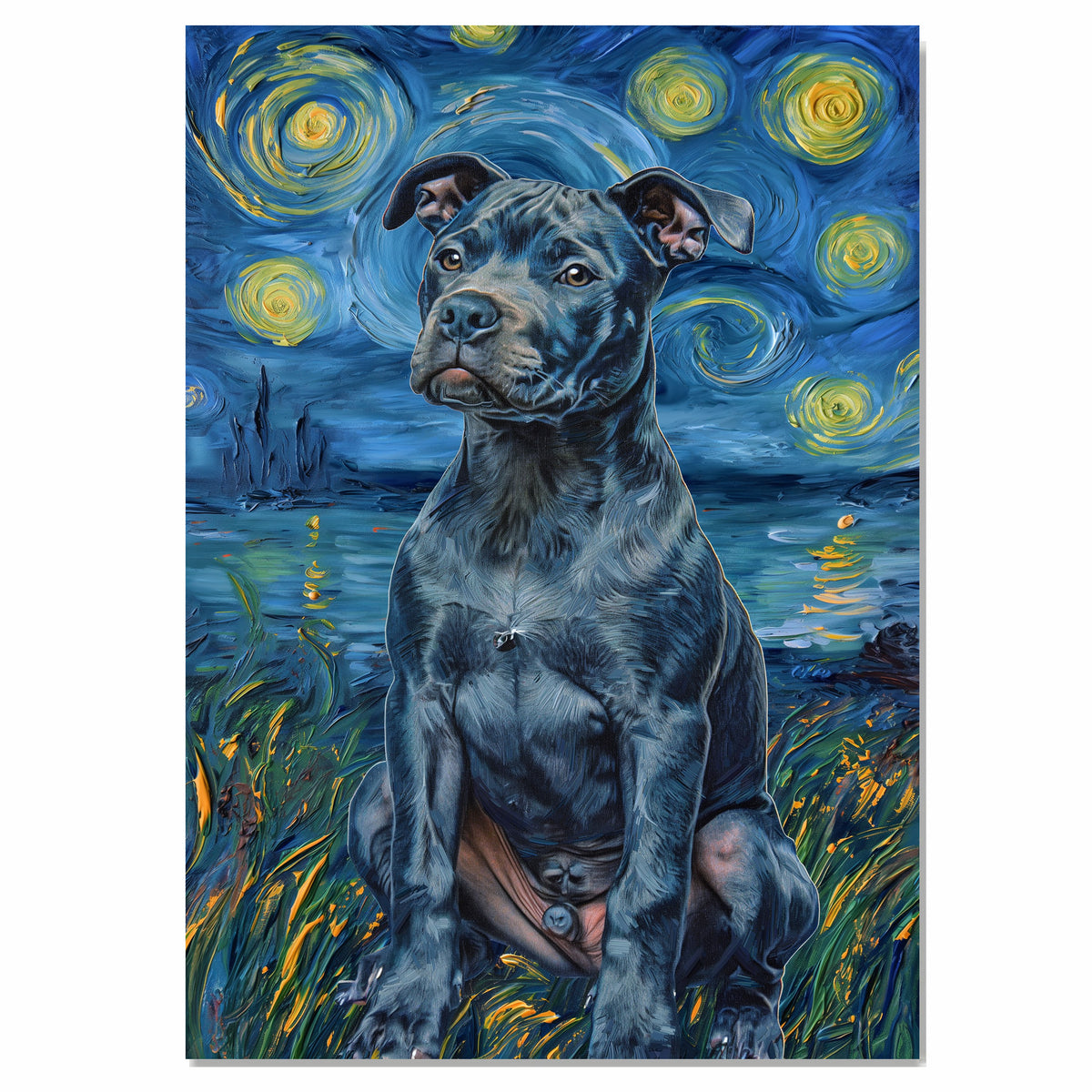 Pitbull Dog Portrait in Starry Night Style with Swirling Sky Reflections and Bold Van Gogh Inspired Brush Strokes on Ready to Hang 1.5" Thick Canvas Wrap, Floating Framed Canvas, Flat Rolled Canvas
