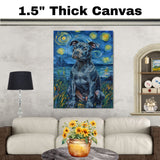 Pitbull Dog Portrait in Starry Night Style with Swirling Sky Reflections and Bold Van Gogh Inspired Brush Strokes on Ready to Hang 1.5" Thick Canvas Wrap, Floating Framed Canvas, Flat Rolled Canvas