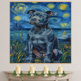Pitbull Dog Portrait in Starry Night Style with Swirling Sky Reflections and Bold Van Gogh Inspired Brush Strokes on Ready to Hang 1.5" Thick Canvas Wrap, Floating Framed Canvas, Flat Rolled Canvas