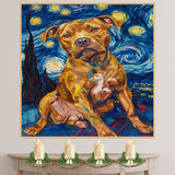 Golden Pitbull Dog Portrait in Starry Night Style with Swirling Sky and Bold Expressionist Brush Strokes Inspired by Van Gogh on Ready to Hang 1.5" Thick Canvas Wrap, Floating Framed Canvas, Flat Rolled Canvas