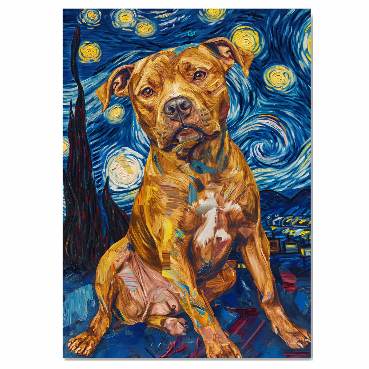Golden Pitbull Dog Portrait in Starry Night Style with Swirling Sky and Bold Expressionist Brush Strokes Inspired by Van Gogh on Ready to Hang 1.5" Thick Canvas Wrap, Floating Framed Canvas, Flat Rolled Canvas