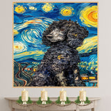 Curly Black Poodle Dog Portrait in Starry Night Style with Swirling Sky and Thick Van Gogh Inspired Textured Brush Strokes on Ready to Hang 1.5" Thick Canvas Wrap, Floating Framed Canvas, Flat Rolled Canvas