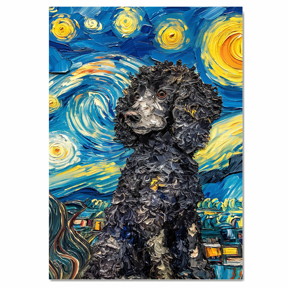 Curly Black Poodle Dog Portrait in Starry Night Style with Swirling Sky and Thick Van Gogh Inspired Textured Brush Strokes on Ready to Hang 1.5" Thick Canvas Wrap, Floating Framed Canvas, Flat Rolled Canvas