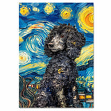 Curly Black Poodle Dog Portrait in Starry Night Style with Swirling Sky and Thick Van Gogh Inspired Textured Brush Strokes on Ready to Hang 1.5" Thick Canvas Wrap, Floating Framed Canvas, Flat Rolled Canvas