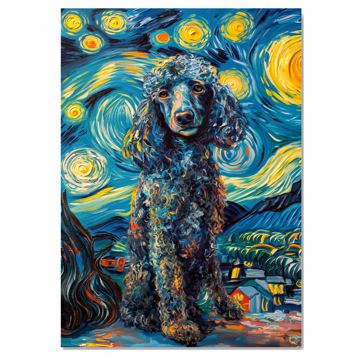 Elegant Blue Poodle Dog in Starry Night Style with Curly Coat and Swirling Sky in a Van Gogh Inspired Impressionist Pet Portrait on Ready to Hang 1.5" Thick Canvas Wrap, Floating Framed Canvas, Flat Rolled Canvas