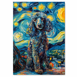 Elegant Blue Poodle Dog in Starry Night Style with Curly Coat and Swirling Sky in a Van Gogh Inspired Impressionist Pet Portrait on Ready to Hang 1.5" Thick Canvas Wrap, Floating Framed Canvas, Flat Rolled Canvas