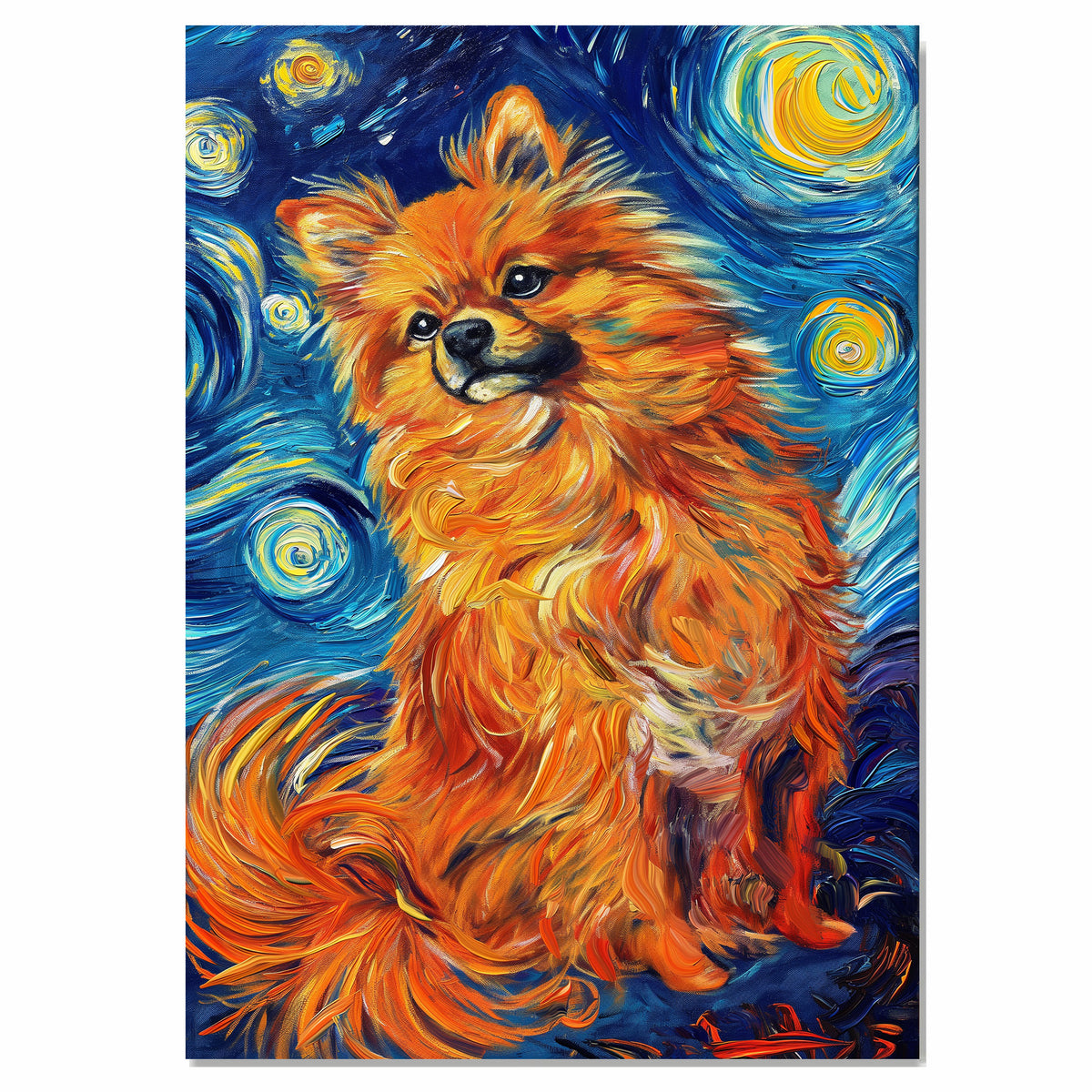 Fiery Orange Pomeranian Dog in Starry Night Style with Swirling Sky and Whimsical Fur in a Van Gogh Inspired Pet Portrait on Ready to Hang 1.5" Thick Canvas Wrap, Floating Framed Canvas, Flat Rolled Canvas