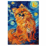 Fiery Orange Pomeranian Dog in Starry Night Style with Swirling Sky and Whimsical Fur in a Van Gogh Inspired Pet Portrait on Ready to Hang 1.5" Thick Canvas Wrap, Floating Framed Canvas, Flat Rolled Canvas