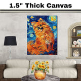 Fiery Orange Pomeranian Dog in Starry Night Style with Swirling Sky and Whimsical Fur in a Van Gogh Inspired Pet Portrait on Ready to Hang 1.5" Thick Canvas Wrap, Floating Framed Canvas, Flat Rolled Canvas